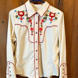 Scully Cream Western Button-Down Shirt with Red Piping & Floral Embroidery